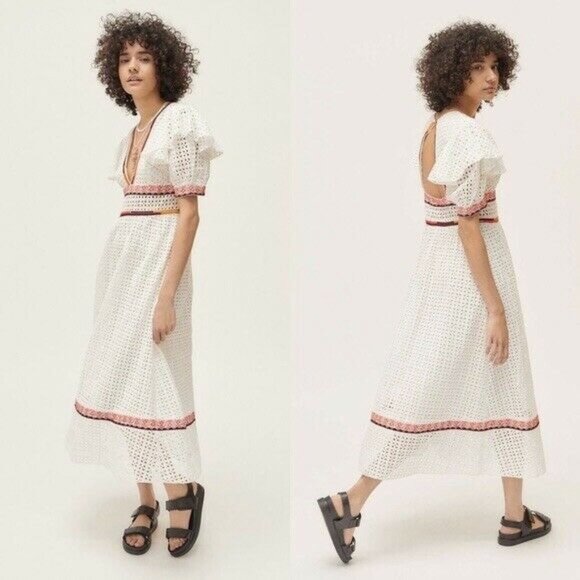 UO Madiera White Eyelet V Neck Midi Dress XS - Picture 11 of 12
